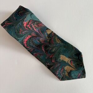 Marblesque Silk Necktie Men's Green Pink Blue Gold Swirl Pattern Made in USA